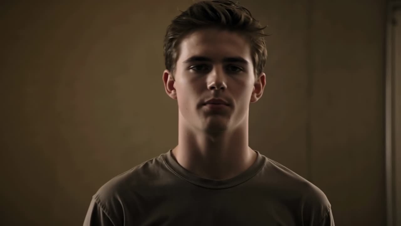 Un adolescente maschio si gira, ruotando dalla schiena verso la telecamera in studio, mostrando la giuntura di uno sfondo color beige.