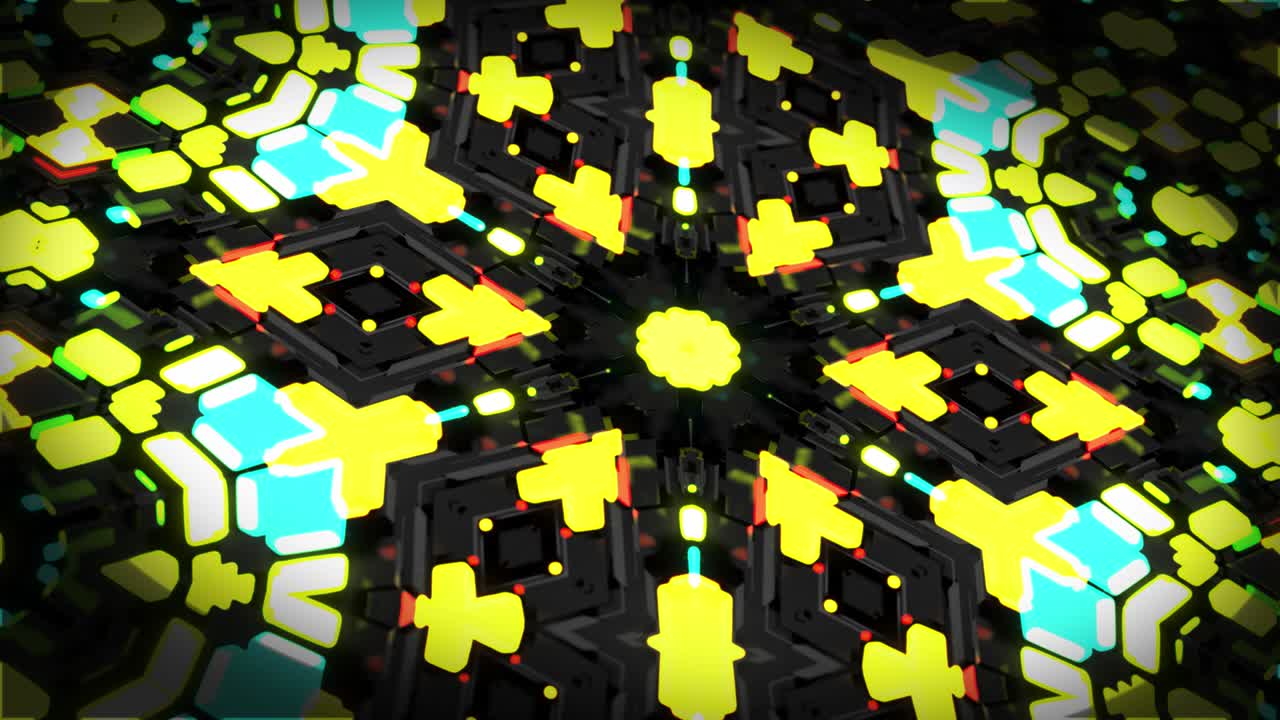 4k dark looped background with abstract symmetrical mechanism and neon light, DOF. Science fiction cyberpunk bg for show or events, exhibitions, festivals or concerts, VJ loop for night clubs