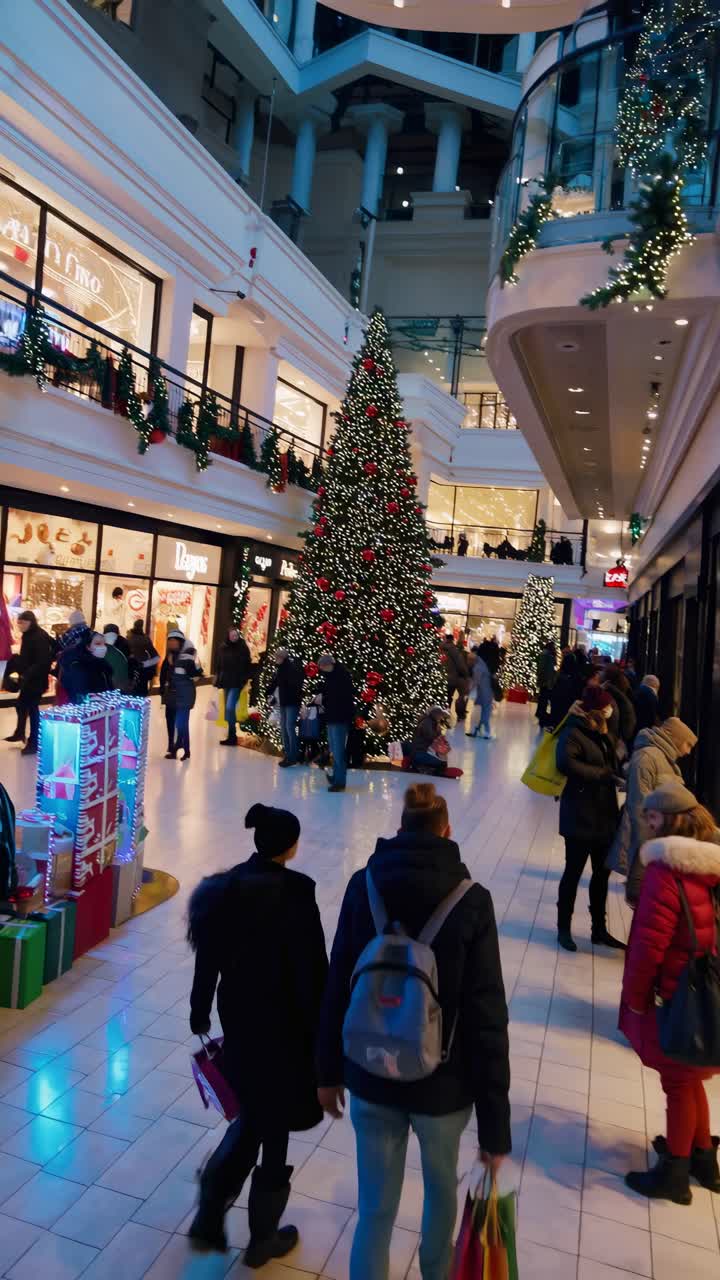 Festive shopping mall scene with a high-angle view. Shoppers walk past a large Christmas tree