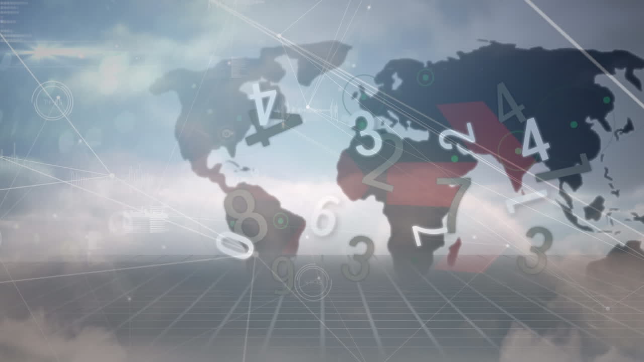 Animation of data processing with network of connections and world map over landscape