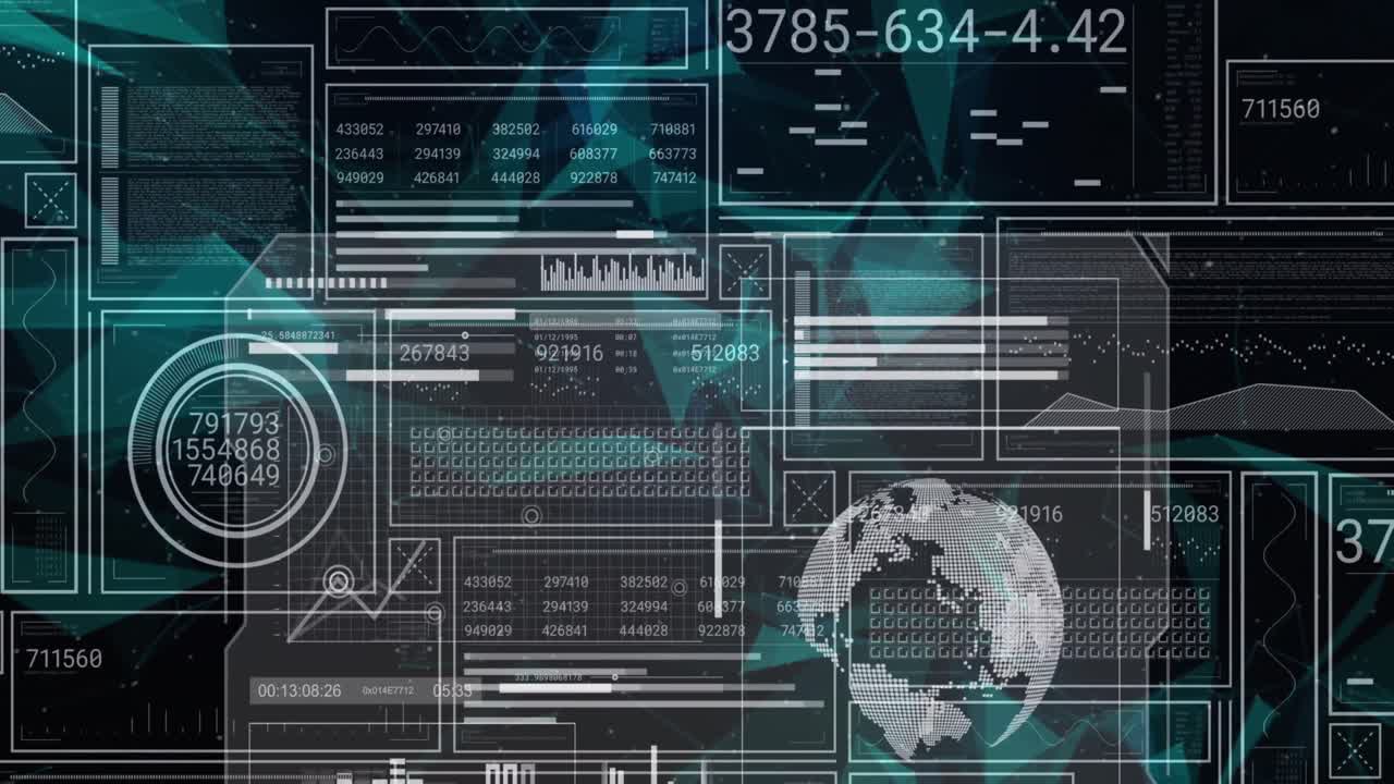 Animation of globe and data processing on black background