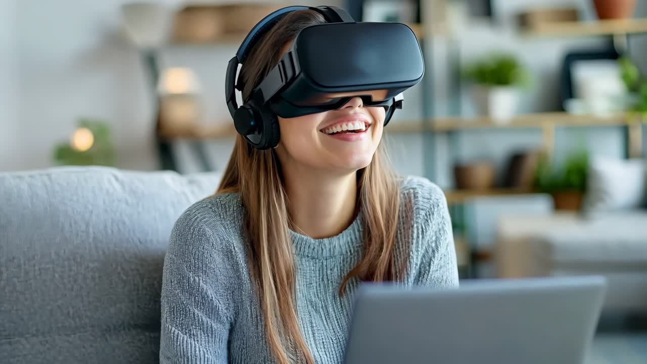 A woman wearing a virtual reality headset and smiling while using a laptop