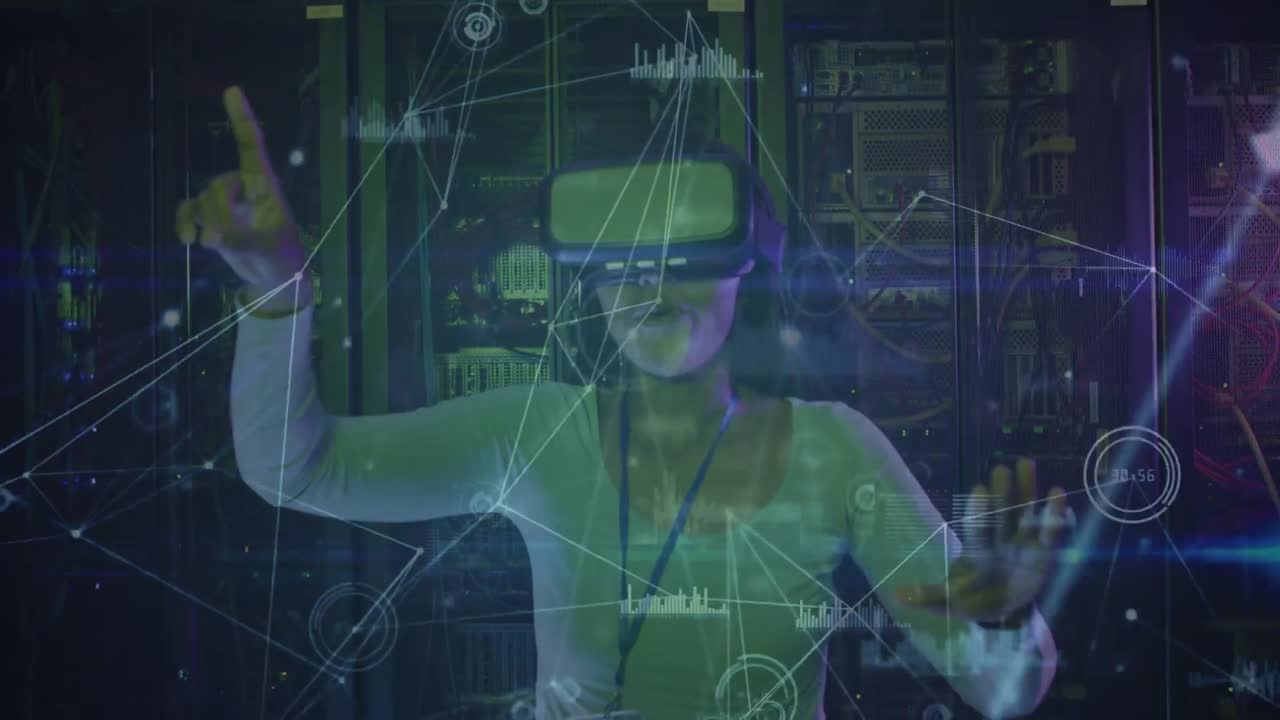 animación de conexiones sobre mujer biracial en auriculares vr