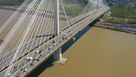 aerial view of the spectacular port mann bridge that connects coquitlam and surrey, british columbia