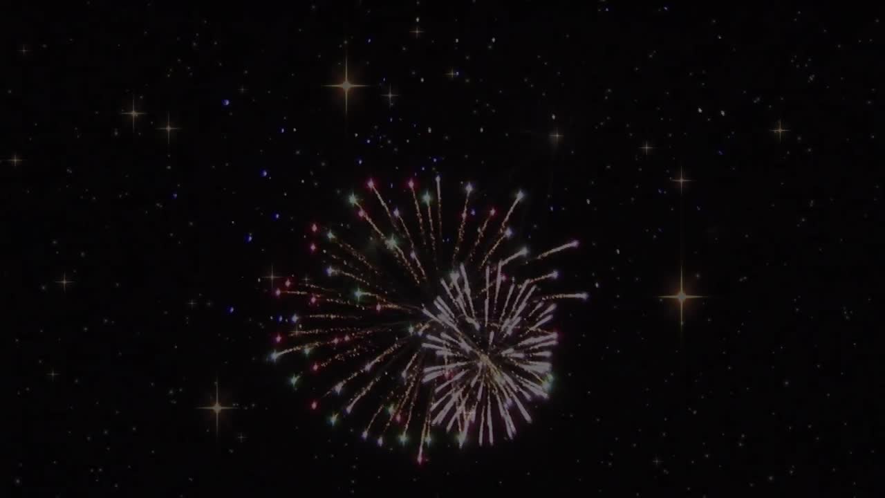 Animation of fireworks and stars on black background