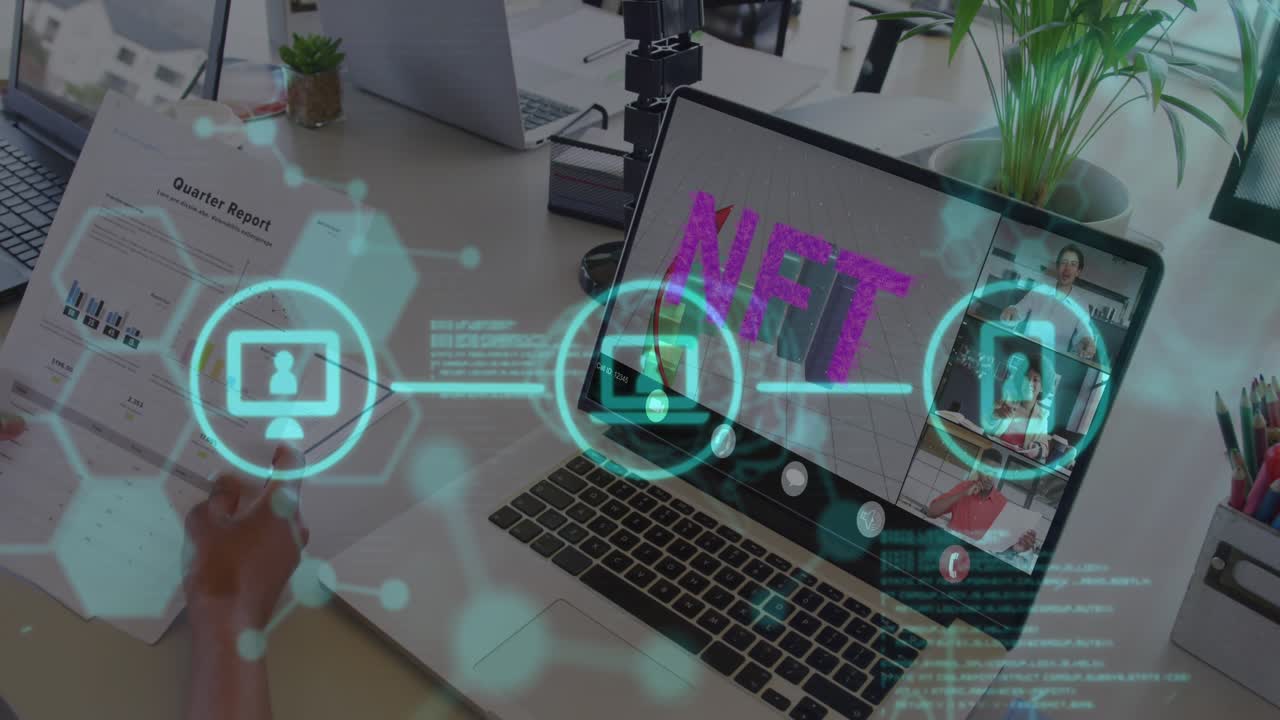 Animazione di elaborazione dati su diversi professionisti in videochiamata in ufficio