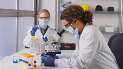 trabajadoras de laboratorio que usan ppe analizando muestras de sangre en el laboratorio con microscopio