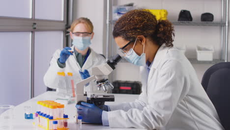 female lab workers wearing ppe analysing blood samples in laboratory with microscope