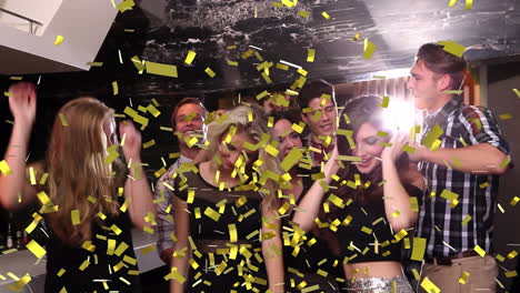 animation of confetti falling over happy group of friends having fun at party