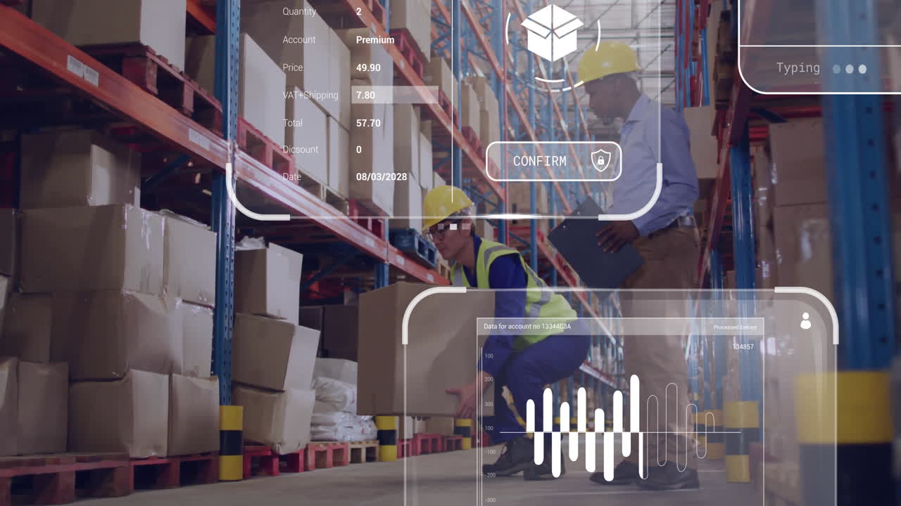 Organizing boxes in warehouse, workers using digital inventory management system