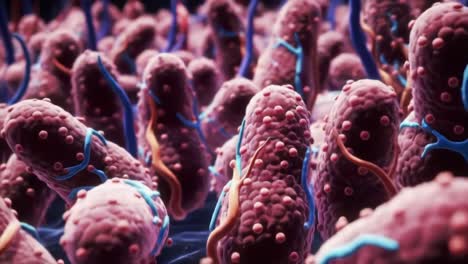 exploring microbial life: a close-up view of bacteria in complex environments, showcasing their unique shapes and intricate structures in vibrant detail