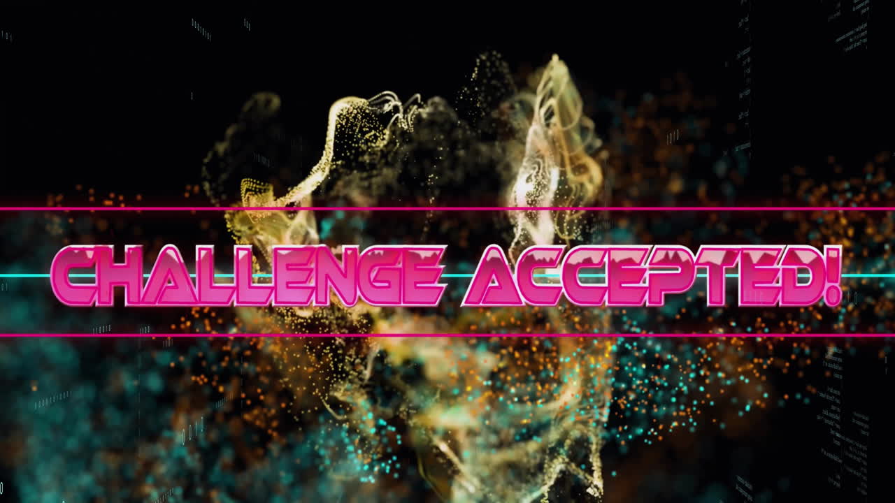 Animation of challenge accepted text over data processing and light spots on black background