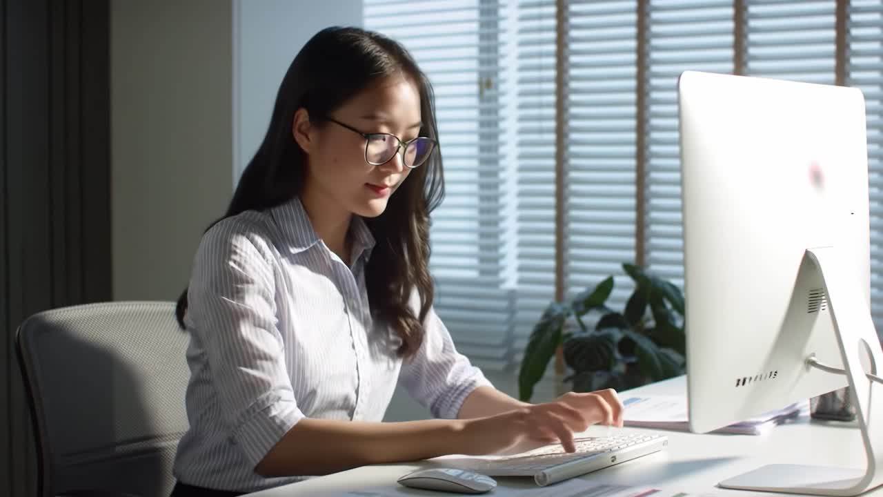 Focused Professional Working at a Desk with Computer, Engaged in Task While Illuminated by Natural Light through Window Blinds