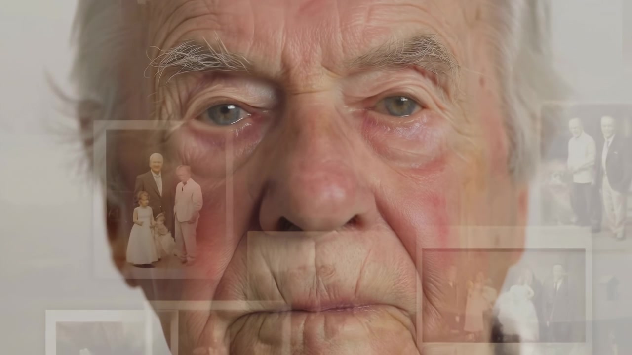 Elderly Man Portrait Memory Montage, Closeup Of Weathered Face Overlaid With Seaside Photographs, Retired
