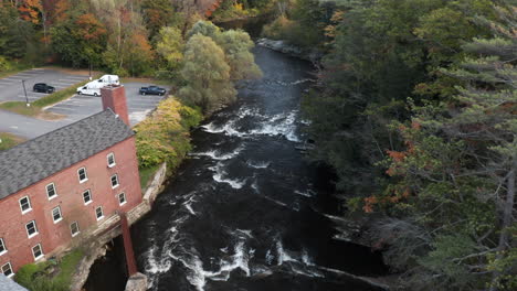 stunning drone flyover of the royal river near the grist mill park in yarmouth, maine