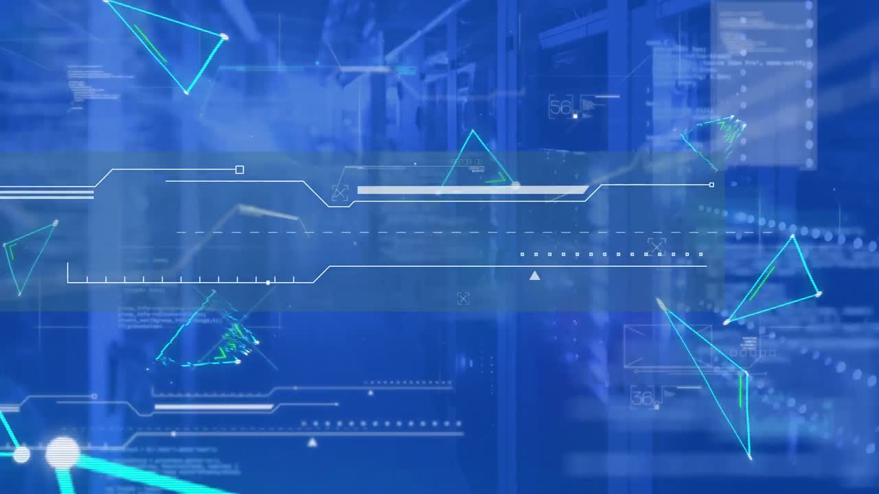 네온 삼각형 모양의 디지털 구성 이동 및 서버 방에 대한 데이터 처리