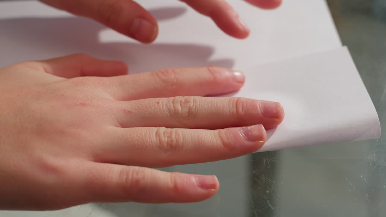 Close-up view of child's hand carefully folding paper on glass table for crafting project, showcasing focus and precision during the paper folding process
