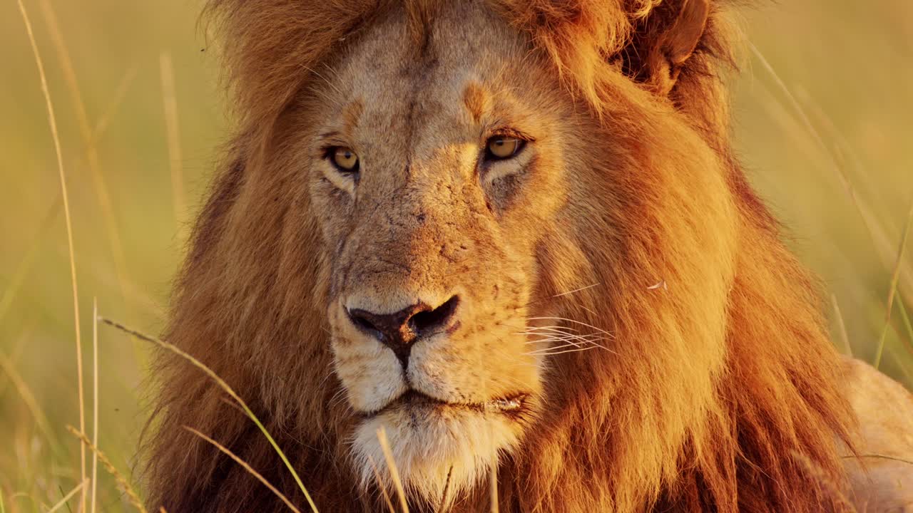 cámara lenta de un león macho, áfrica animal salvaje en masai mara en kenia en un safari africano, retrato de rostro en primer plano mirando a su alrededor en masai mara, gran melena en la hermosa luz del sol de la mañana al amanecer