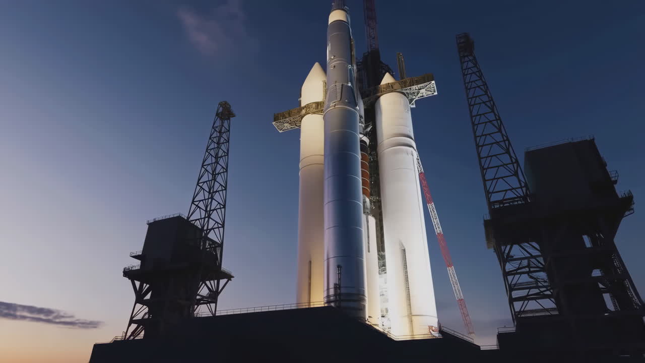 Large Rocket on Launchpad at Dusk