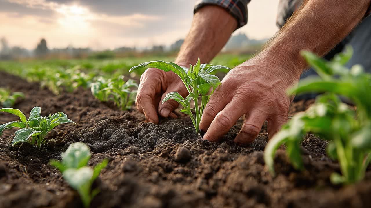 A Dedicated Gardener Works in a Vibrant Field, Nurturing Fresh Plants While the Sun Sets, Highlighting the Beauty and Labor of Agriculture and Sustainable Farming Practices