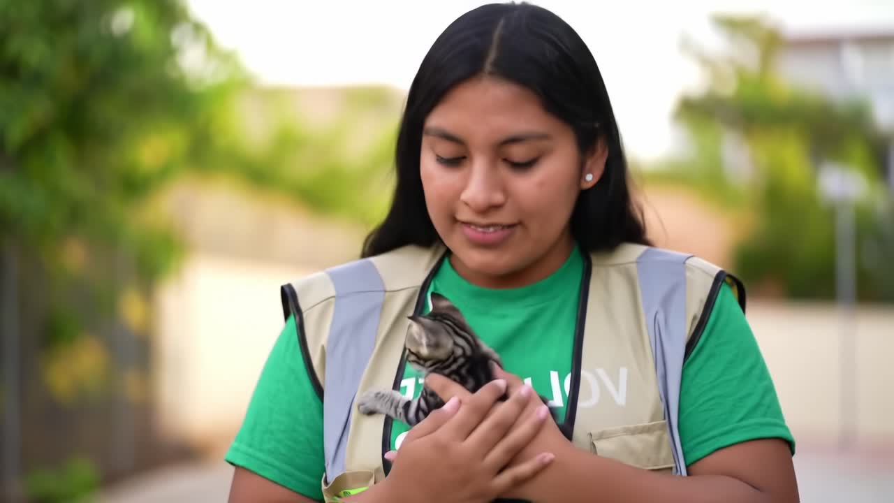 A Young Volunteer Comforts a Sweet Tabby Kitten, Showcasing Their Bond and Dedication to Animal Welfare in a Warm Neighborhood Setting