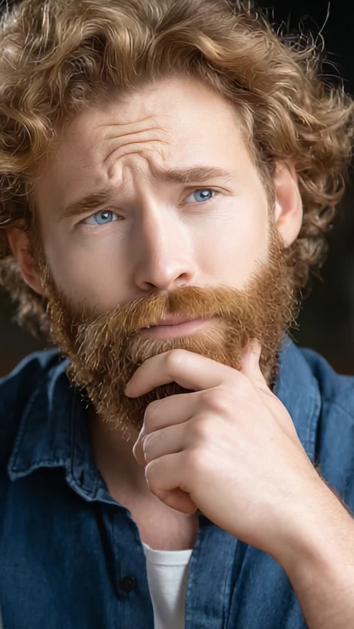 Contemplative Man with Curly Hair and Beard Ponders Life's Questions in Thoughtful Expressions