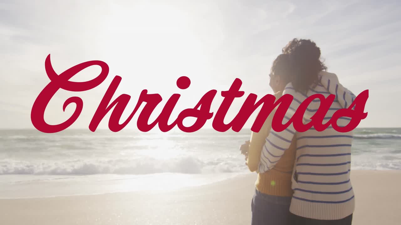 Animation of christmas text over biracial couple at beach