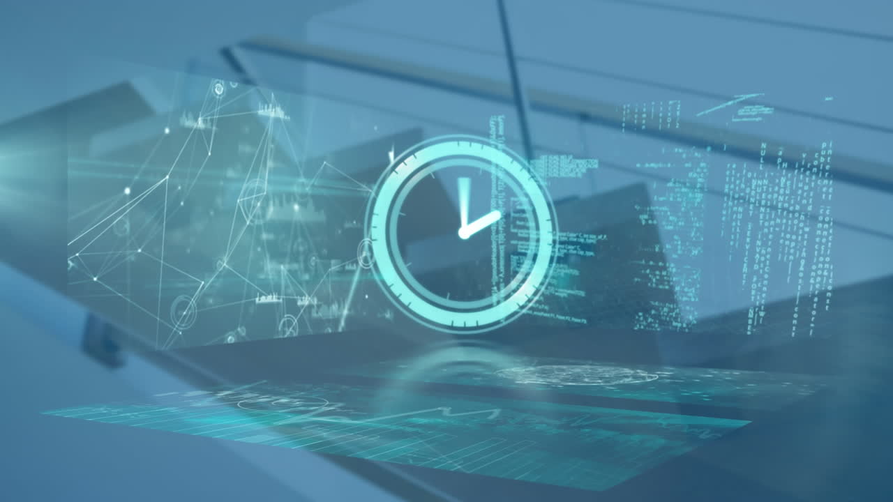 Animation of moving clock and diverse data processing over screens in background