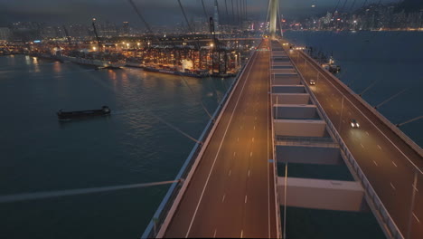 Stonecutter-Bridge,-Night,-Hong-Kong,-Port-Entry,-Establishing-Wide-Angle,-Aerial,-Anamorphic-Look,-Lens-Flare