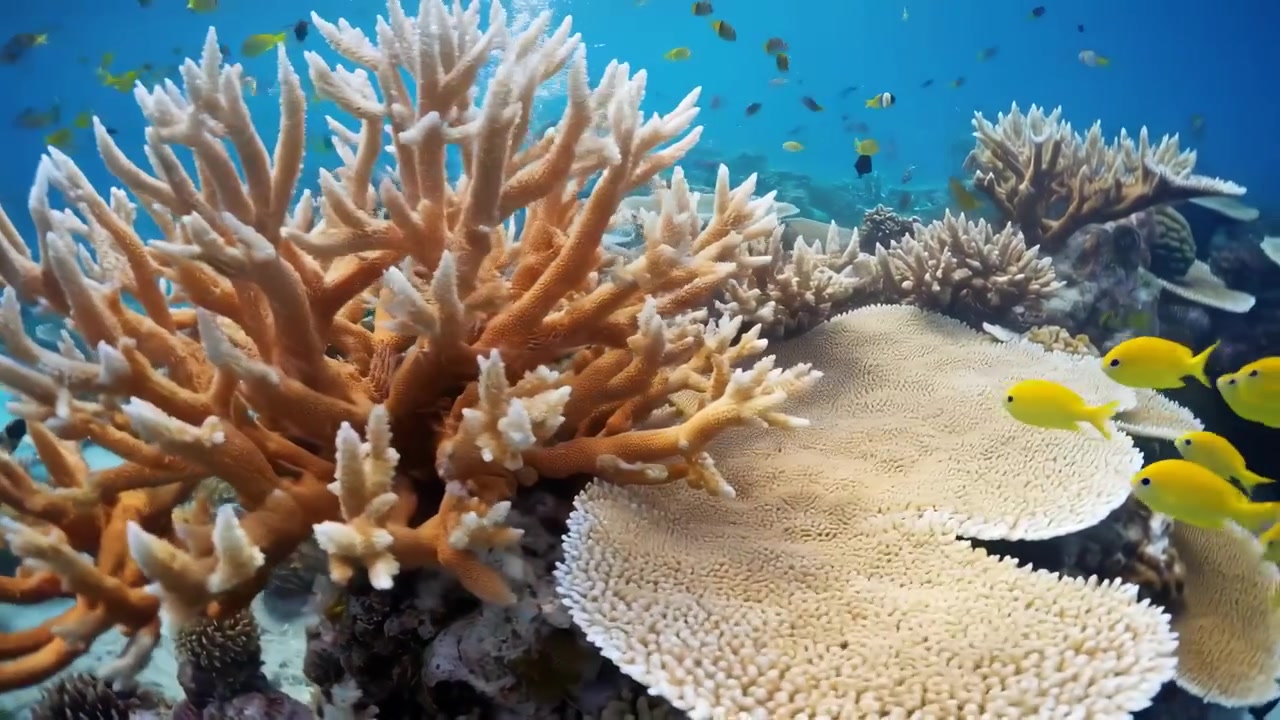 Barriera corallina vivace con pesci colorati e raggi di sole sott'acqua