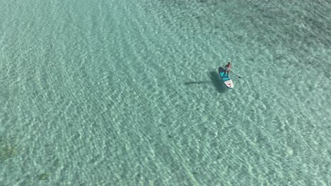 Mujer-Stand-Up-Paddle-Surf-En-Aguas-Tropicales-Poco-Profundas,-Aérea