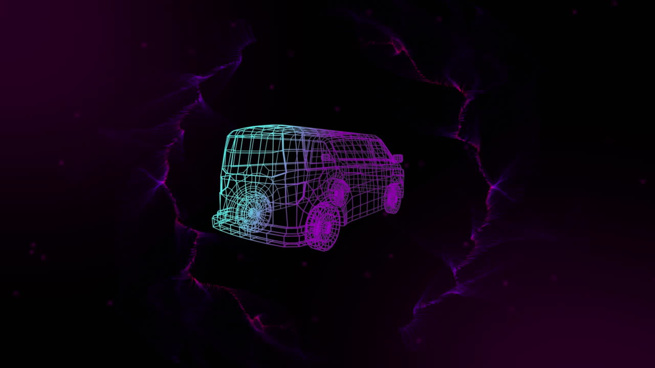 animación de 3d brillante azul y rosa dibujo de camión girando sobre la explosión de rastros de luz rosa