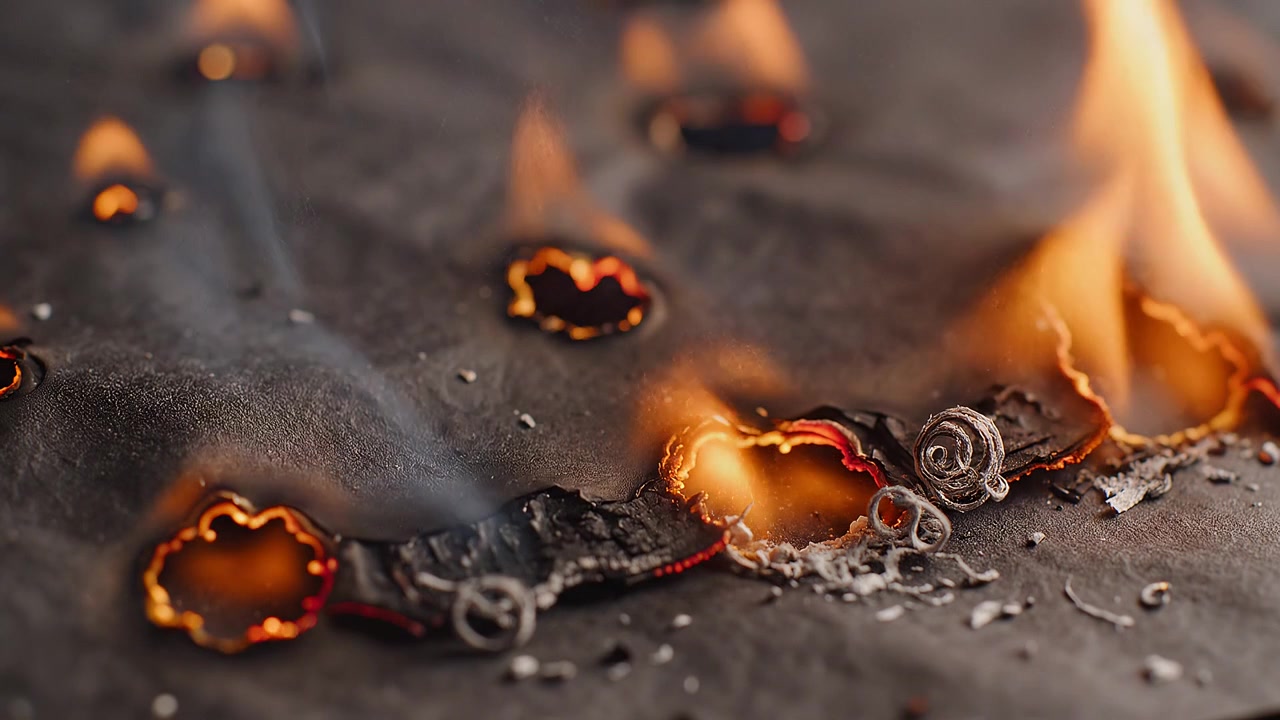 Primo piano macro di bordi fumanti su materiale scuro in combustione