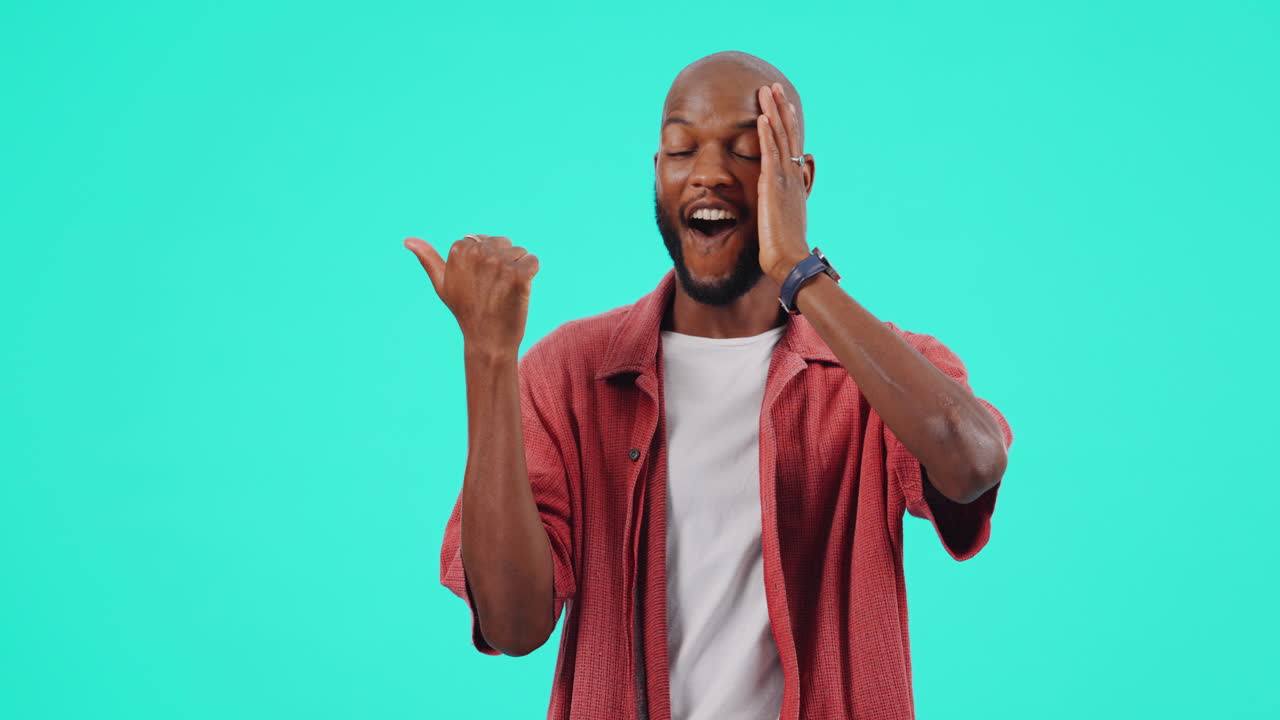 Face, pointing and black man with promotion