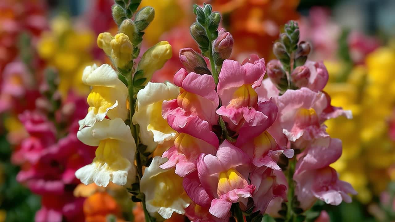 Vivaci Bocche di Leone in Piena Fioritura che Mostrano uno Spettro di Colori, dai Pastelli Tenui alle Tonalità Brillanti che Trasformano il Giardino in una Vivace Esposizione Floreale