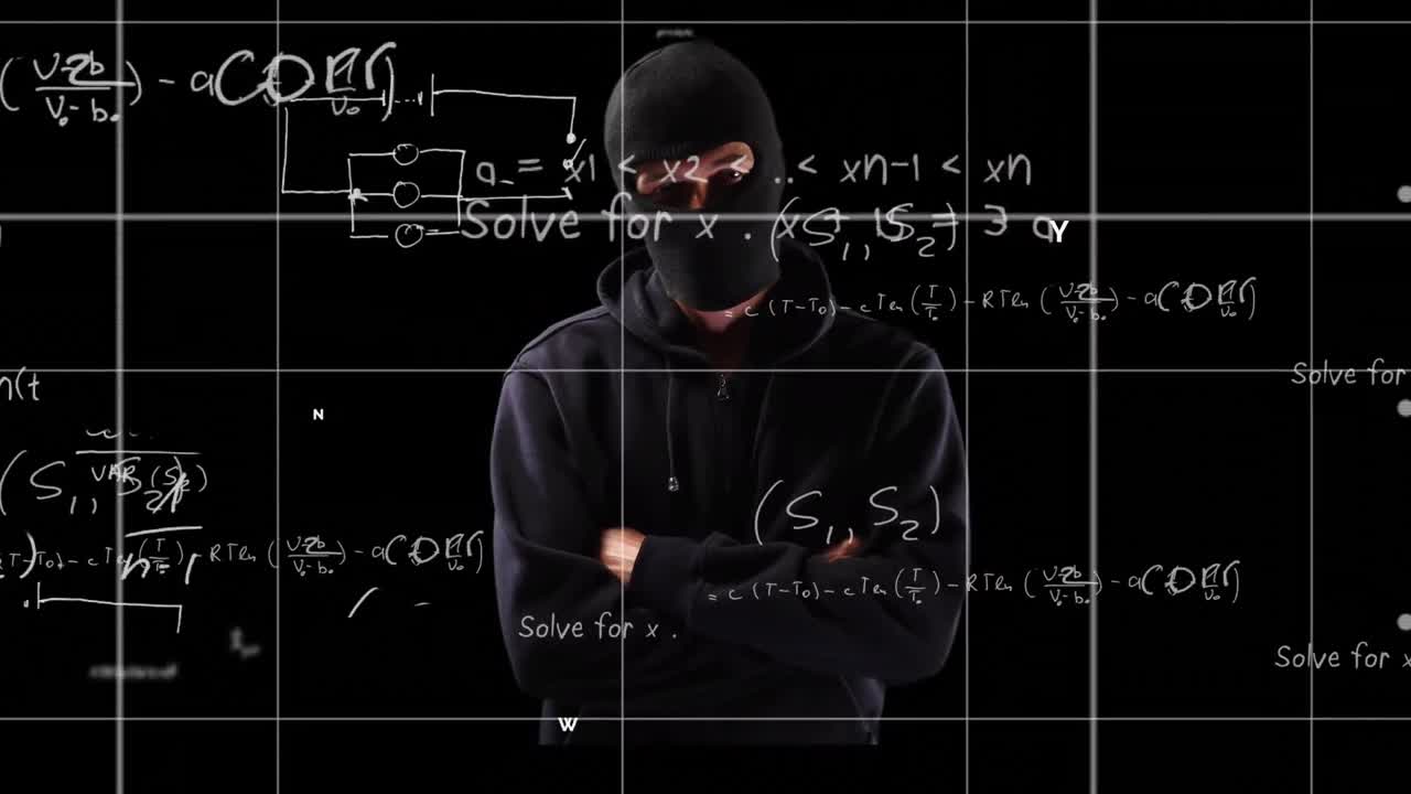 Animasjon av matematiske ligninger over hacker i finlandshette.