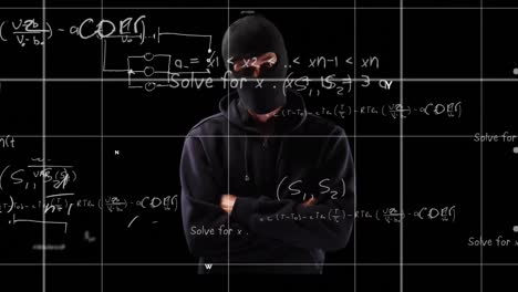 animation of mathematical equations over hacker in balaclava