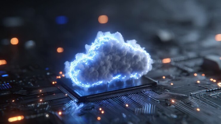 A Futuristic Cloud Computing Concept: Illuminated Cloud Forming Over a Circuit Board, Symbolizing Digital Innovation and Advanced Technology Integration