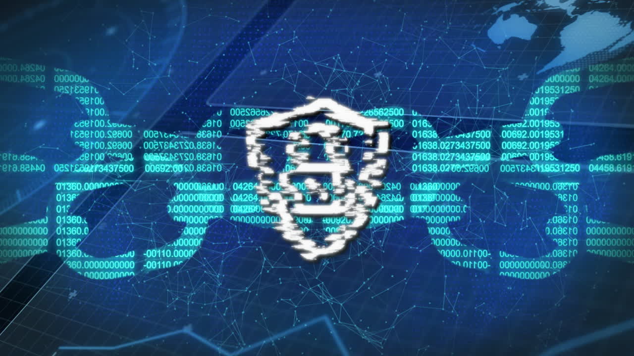White shield and padlock icon floating over network lines with numeric code forming chain links