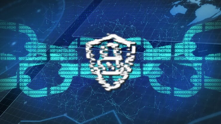 White shield and padlock icon floating over network lines with numeric code forming chain links