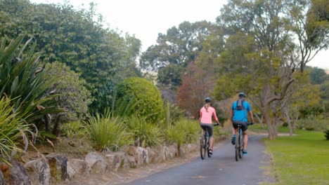 couple cycling on the road in park