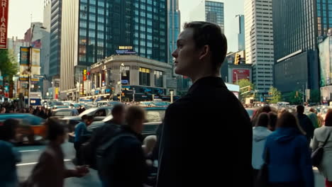 a man observes a bustling city street