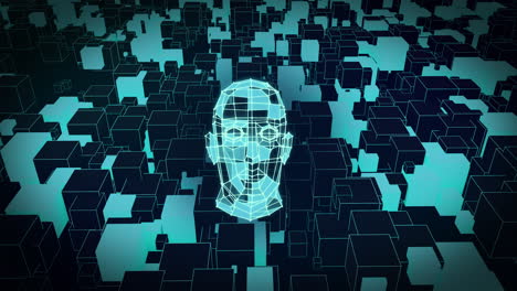 animation of blue 3d cuboid head model rotating over moving cube background