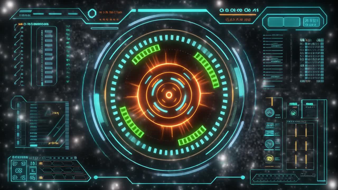 Animated Futuristic HUD Display with Digital Data and Starry Background