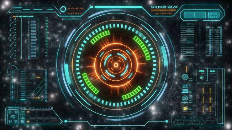 Animated Futuristic HUD Display with Digital Data and Starry Background