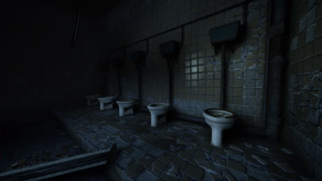 bathroom setting with multiple toilets in a dimly lit space