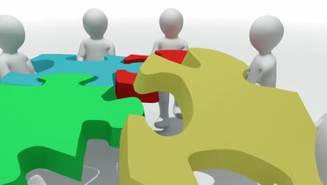 animation representing a group of 3d men doing a clourful puzzle