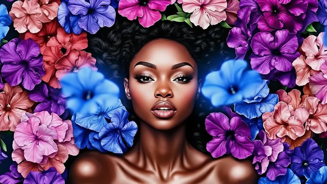 Uma mulher com flores no cabelo e uma coroa de flores em volta da cabeça