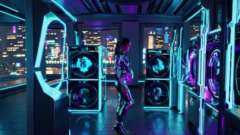 futuristic pregnant woman using high-tech washing machines in a cyberpunk city
