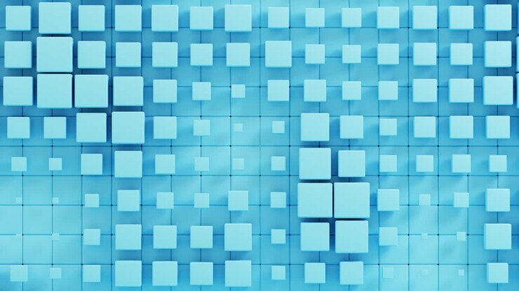 Blue cubes wall 3D rendering animation with space for text. Business, science, technology concept background